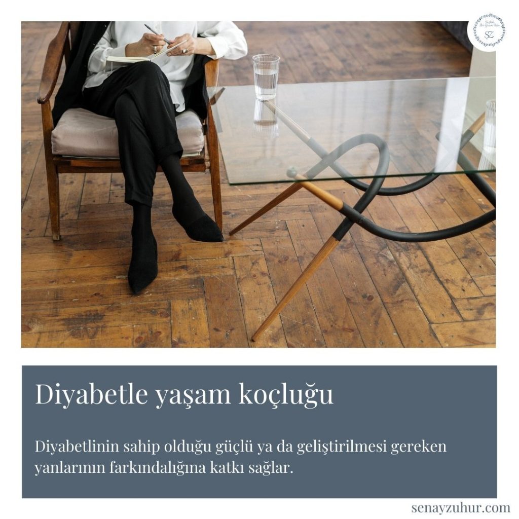 Diyabetle yaşam koçluğu; diyabetli bireyin var olan potansiyelini keşfetmesine katkı sağlayan profesyonel bir yaklaşımdır. Diyabet yaşam koçu; diyabetlinin yaşam hedeflerinin netleşmesine ve ulaşılabilir hedeflerine olan yolculuğunda gelişimine, değişimine, dönüşümüne ve farkındalık kazanmasına destek olur.
